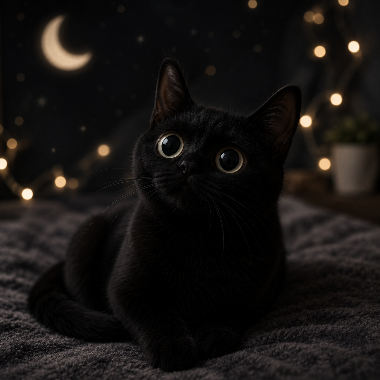 Black Meep Cat black cat on a glowing keyboard beside late-night trading charts