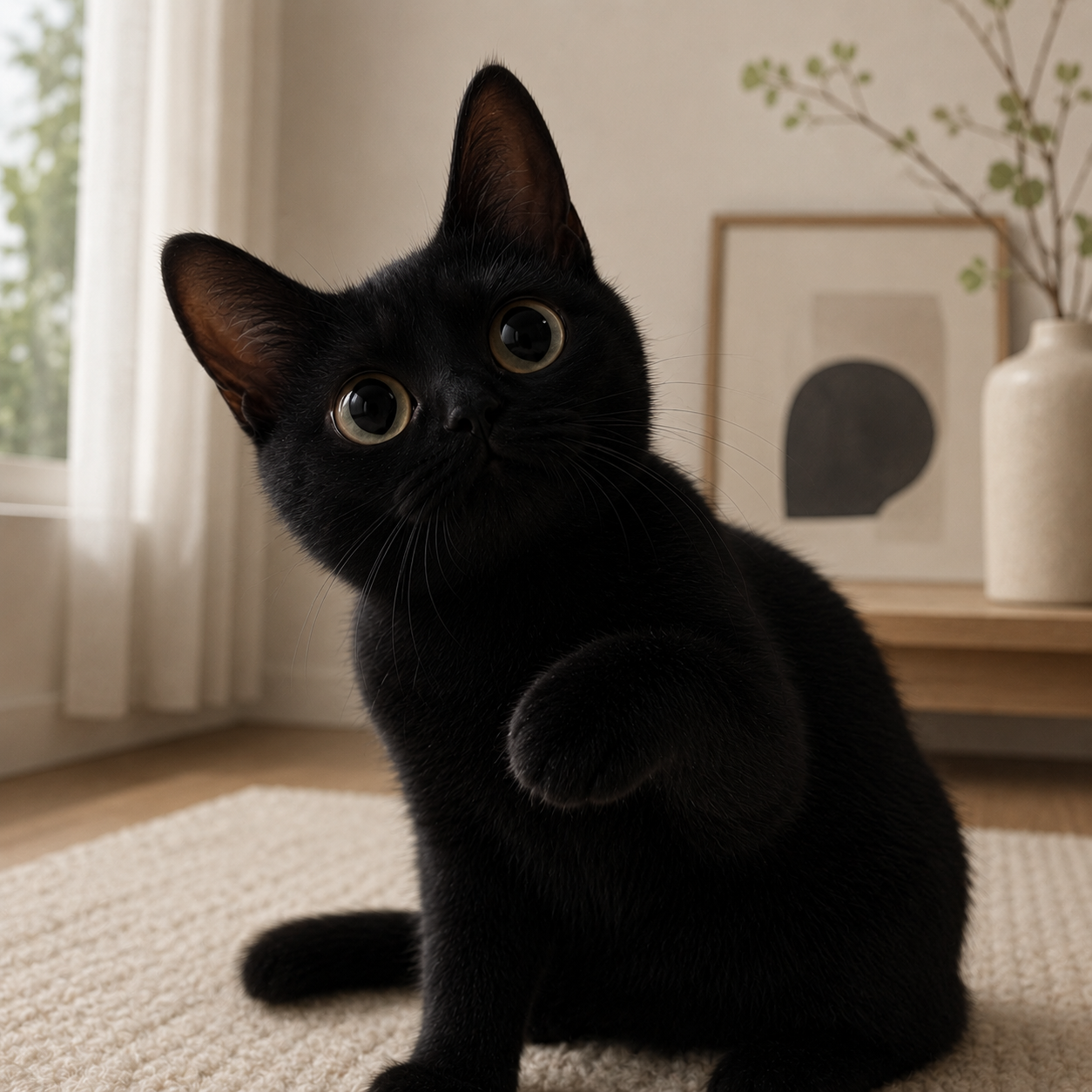 Black Meep Cat with glowing eyes as a green candle breaks through red candles